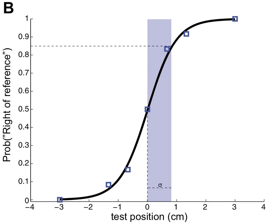 Psychometric curve from a proprioceptive test: probability of judging the hand as right of a reference plotted against test position